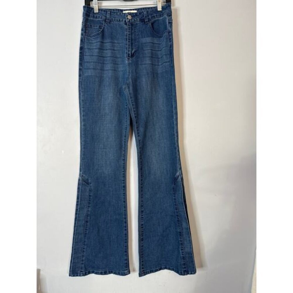 Peach Love Women's Denim Side Slit Flare Leg Jeans Medium Wash Blue Size Large